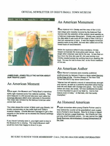 First page of Ashville Area Heritage Society Newsletter, January 1999