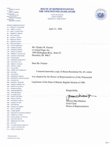 First page of Hawaii House Resolution 83, April 1998
