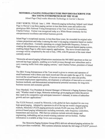 First page of Motorola Press Release, June 1, 1998